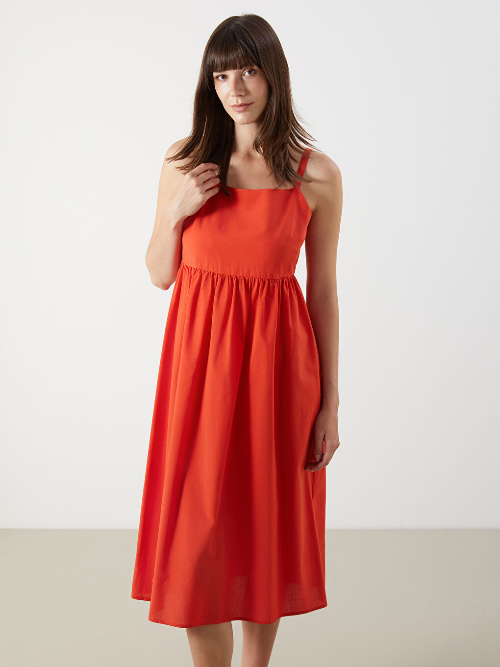 Mercan Kare Yaka Poplin Elbise-1