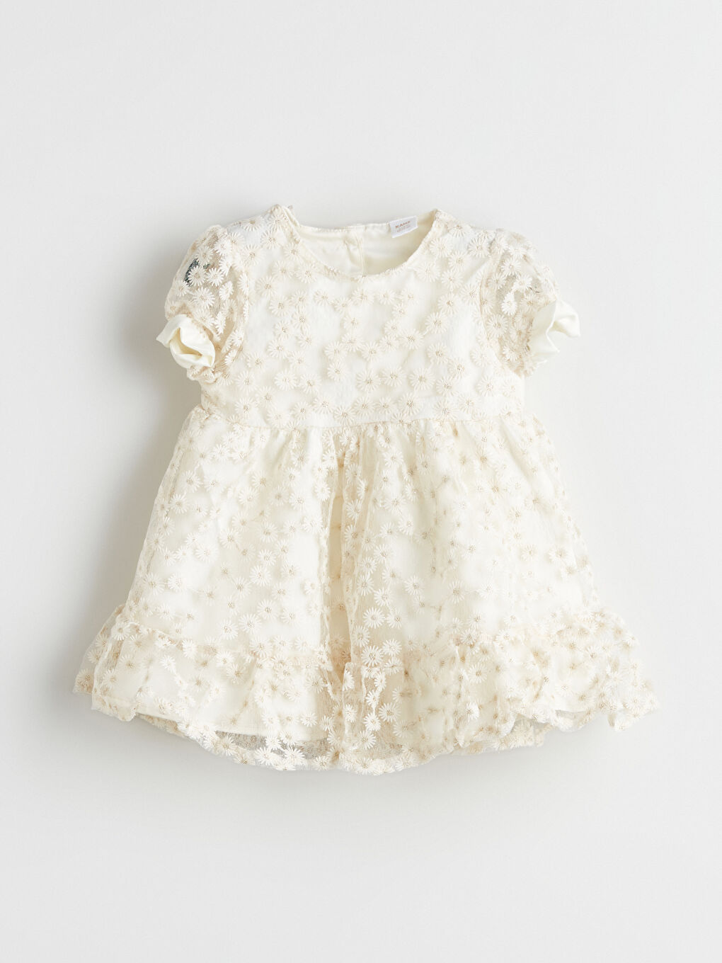 Ekru Çiçekli Dantelli Kız Bebek Elbise