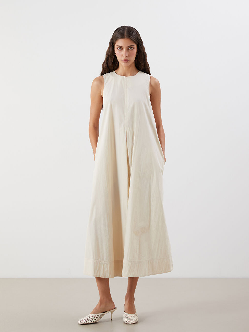 Bej Bisiklet Yaka A Kesim Poplin Elbise-3