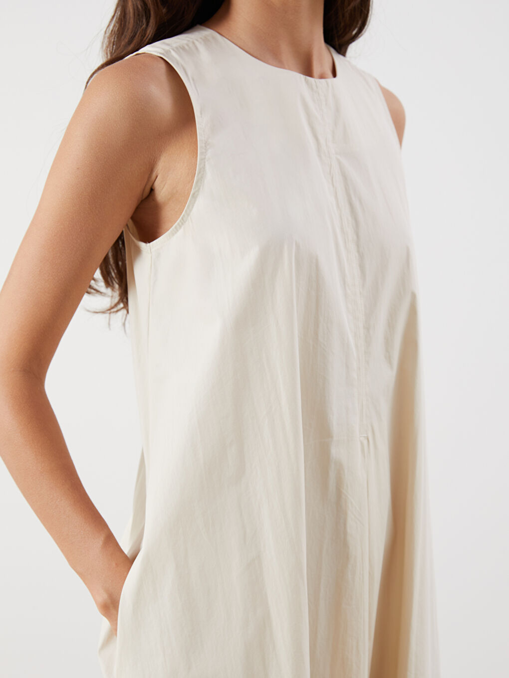 Bej Bisiklet Yaka A Kesim Poplin Elbise-5