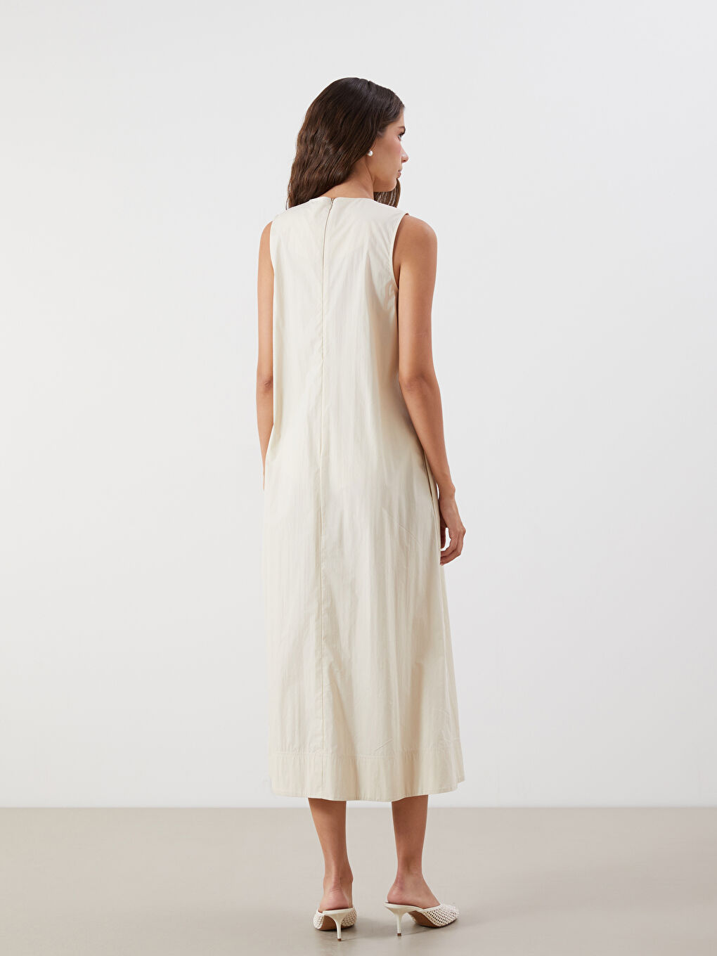 Bej Bisiklet Yaka A Kesim Poplin Elbise-7