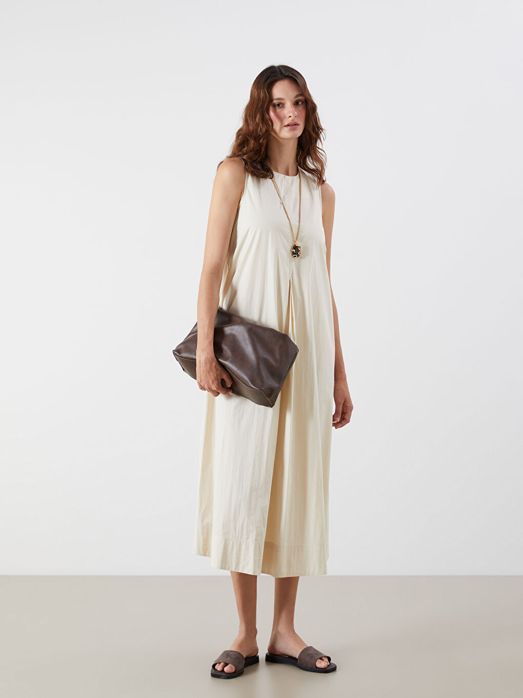 Bej Bisiklet Yaka A Kesim Poplin Elbise-1