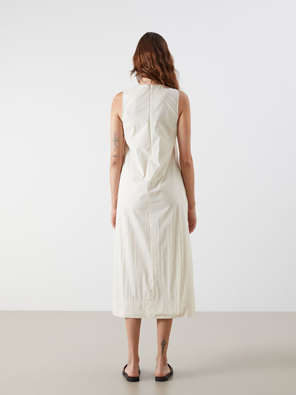 Bej Bisiklet Yaka A Kesim Poplin Elbise-6