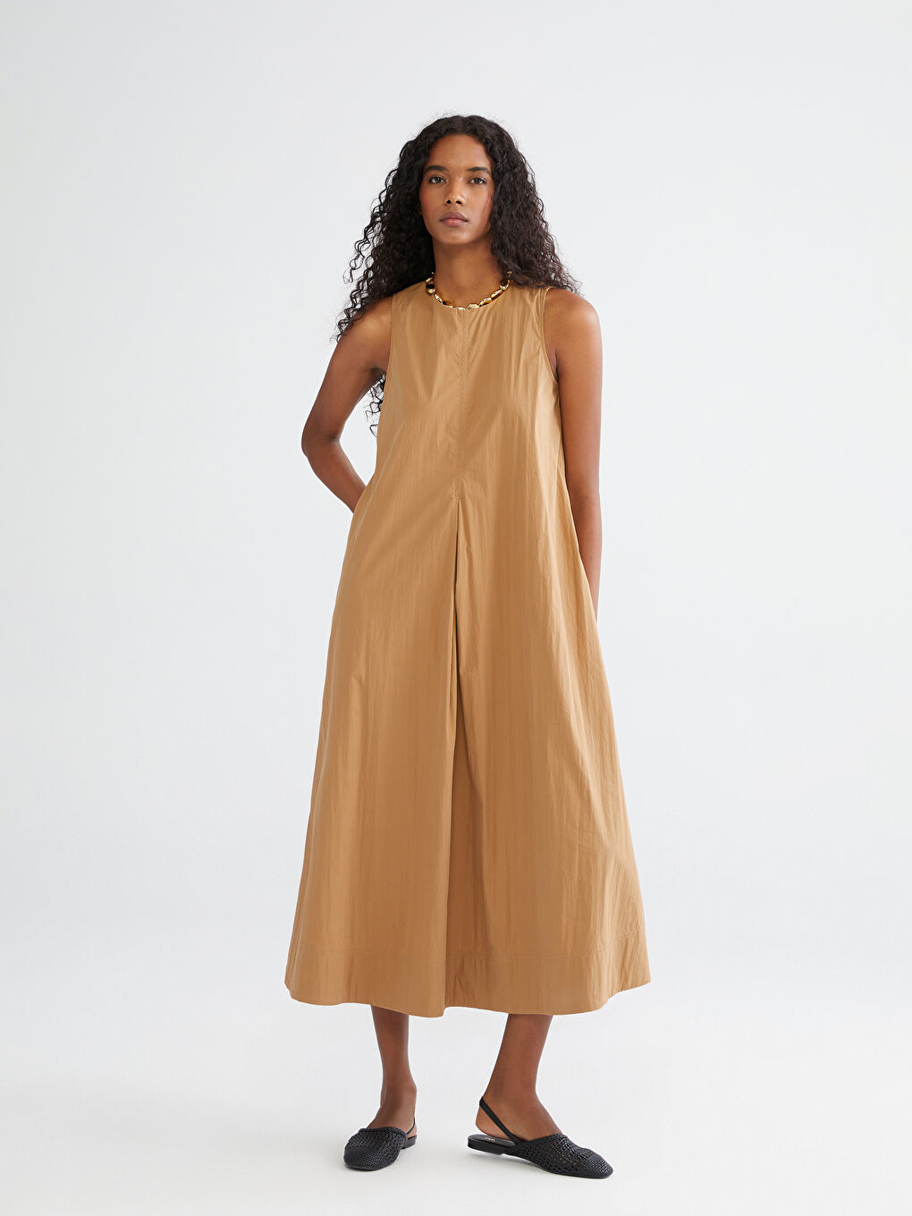Crew Neck A-Line Poplin Dress-1