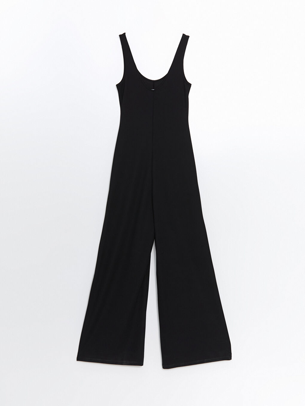 Siyah U Yaka Geniş Paça Krep Tulum-5