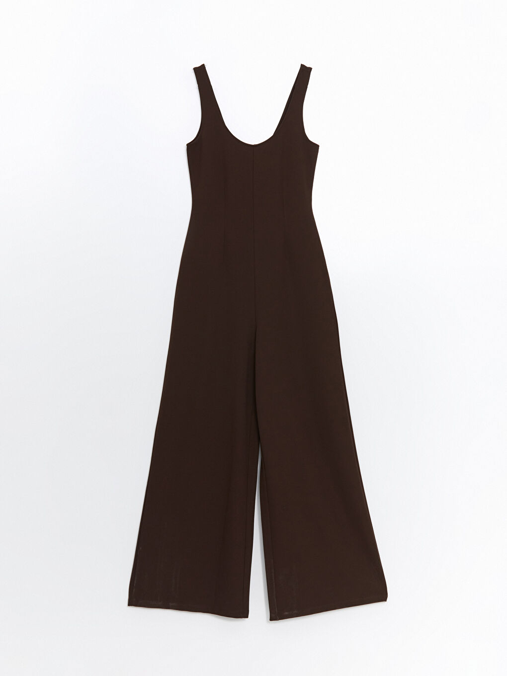 Kahverengi U Yaka Geniş Paça Krep Tulum-4