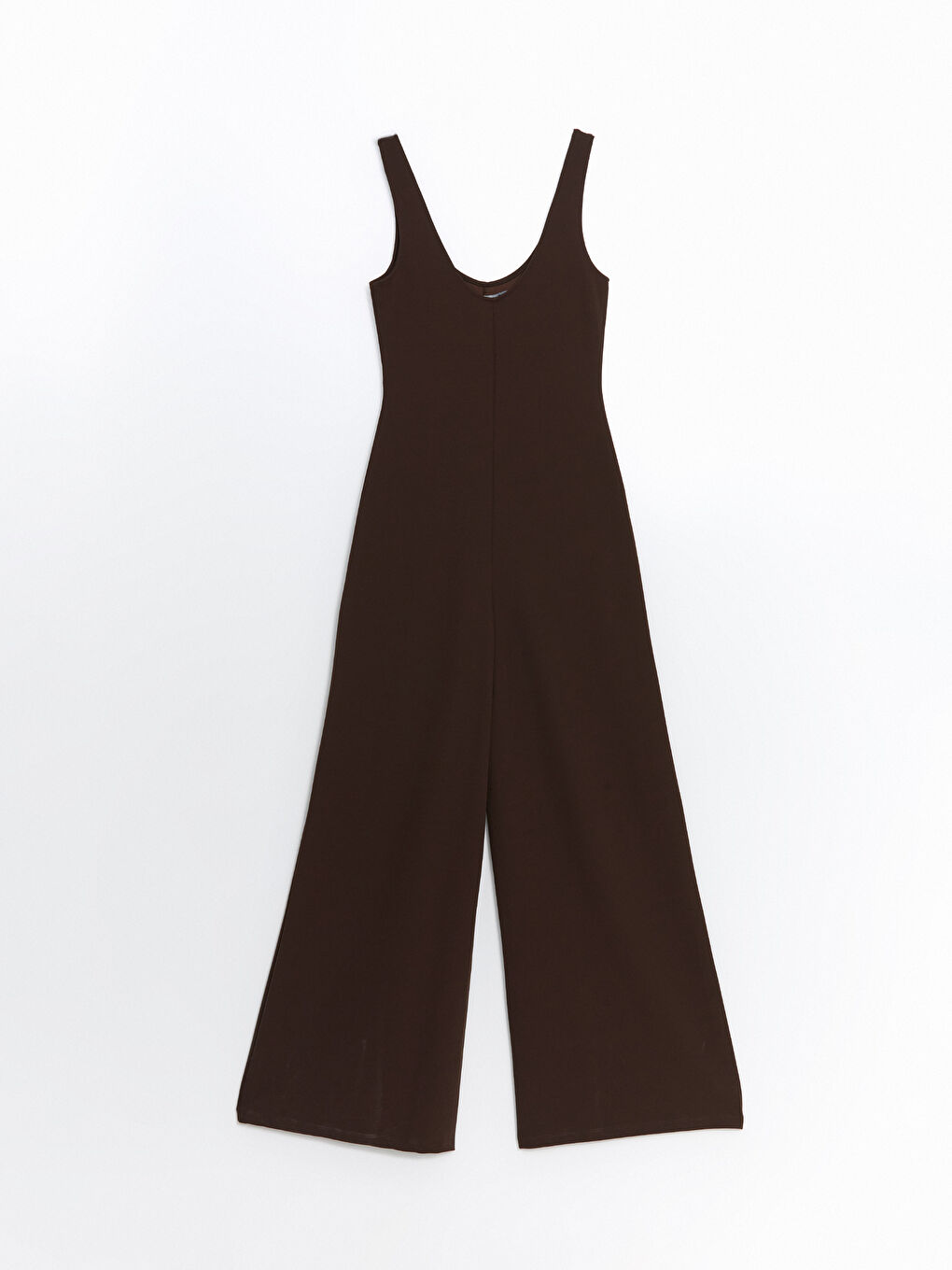 Kahverengi U Yaka Geniş Paça Krep Tulum-5