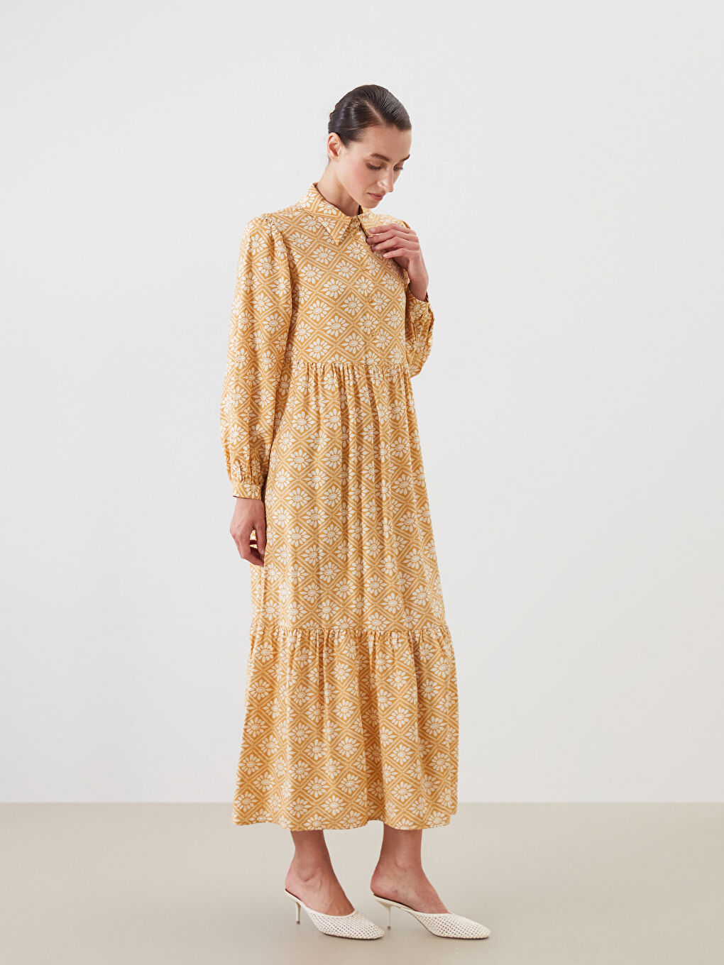 Shirt Collar Patterned Balloon Sleeve Layered Dress