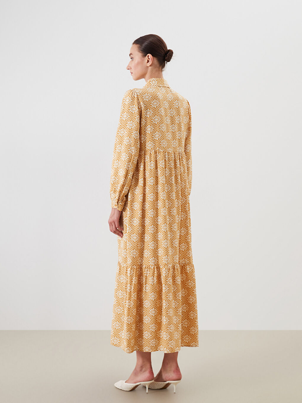 Shirt Collar Patterned Balloon Sleeve Layered Dress-3