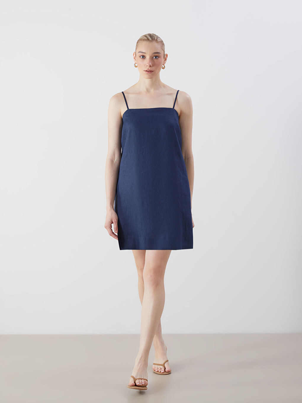 LCW Vision Square Neck 100% Linen Mini Dress -S5M701Z8-CS6