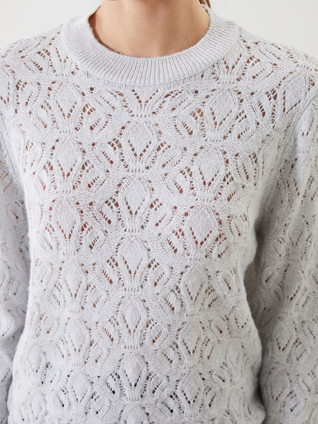 Gri Bisiklet Yaka Ajurlu Kadın Triko Kazak-2