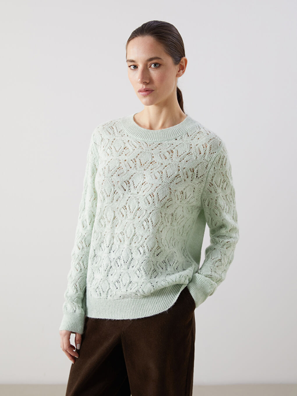 Yeşil Bisiklet Yaka Ajurlu Kadın Triko Kazak