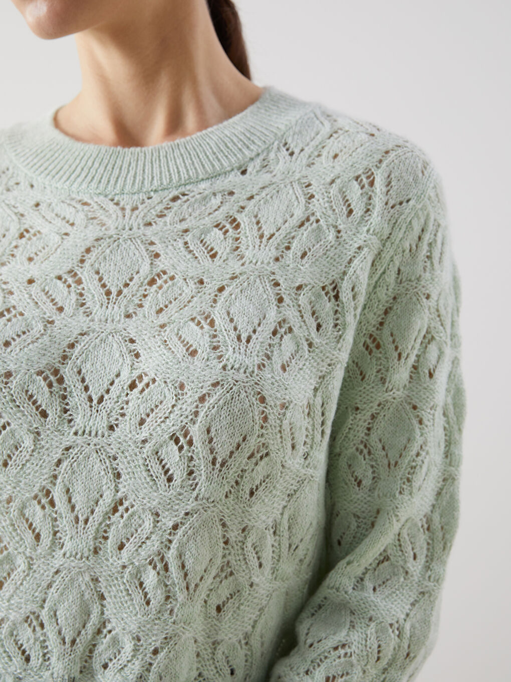 Yeşil Bisiklet Yaka Ajurlu Kadın Triko Kazak-2