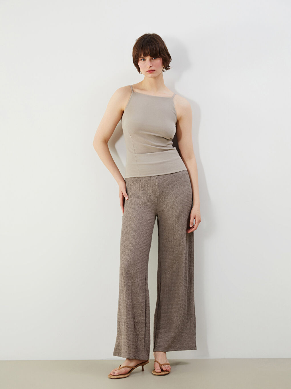 Elasticated Waist Textured Women's Trousers -S5M728Z8-GY7