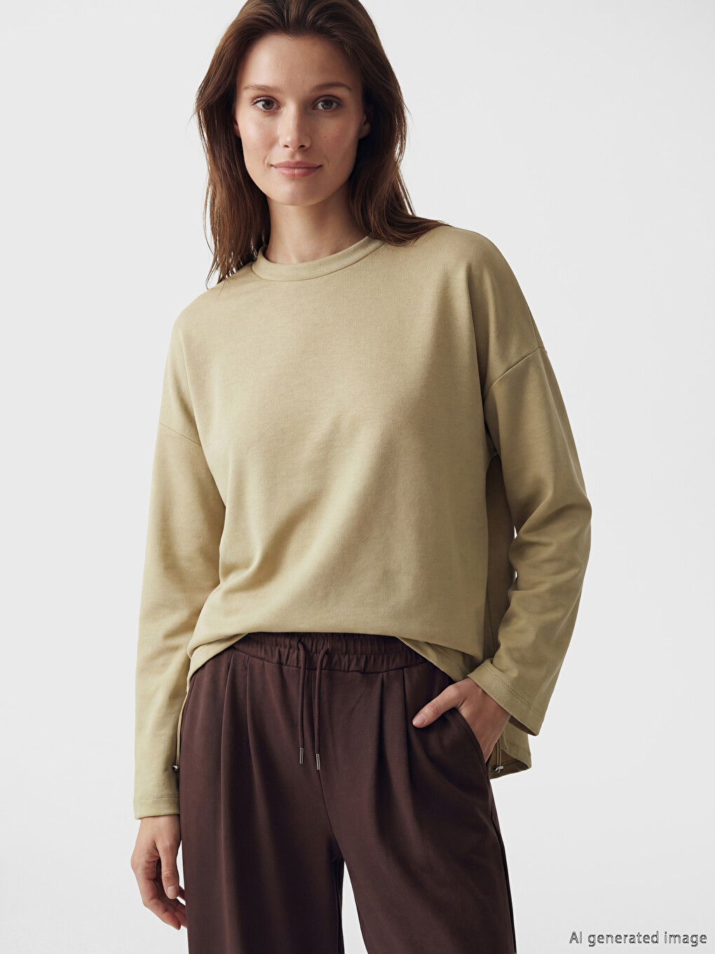 Yeşil Bisiklet Yaka Oversize Kadın Sweatshirt Tunik