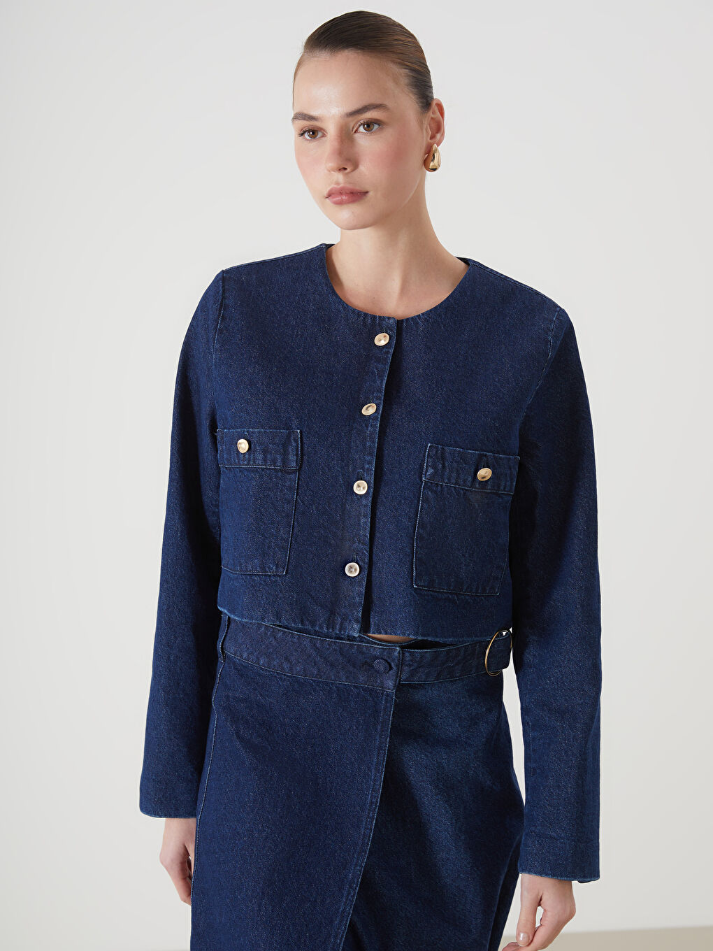 İndigo Bisiklet Yaka Kadın Jean Ceket