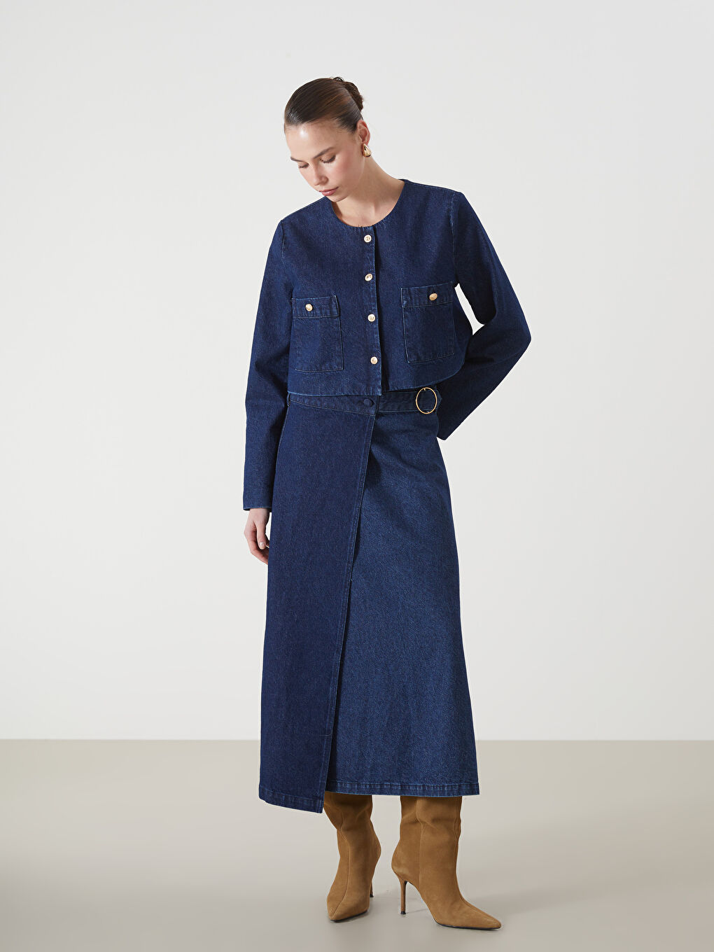 İndigo Bisiklet Yaka Kadın Jean Ceket-1