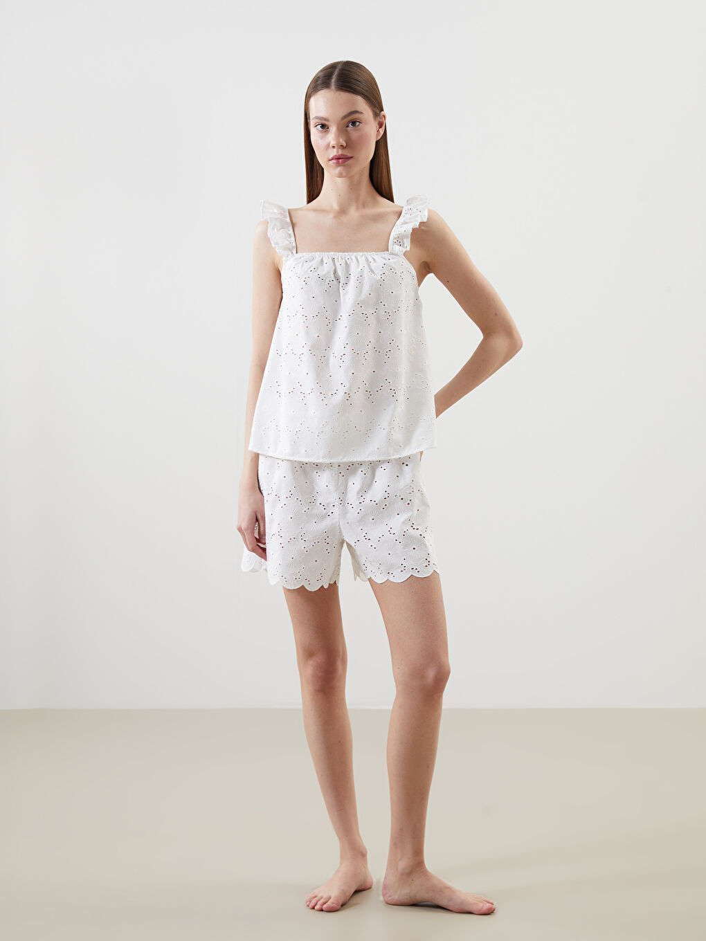 Square Collar Broderie Women's Shortie Pyjama Set -S5M911Z8-JYX