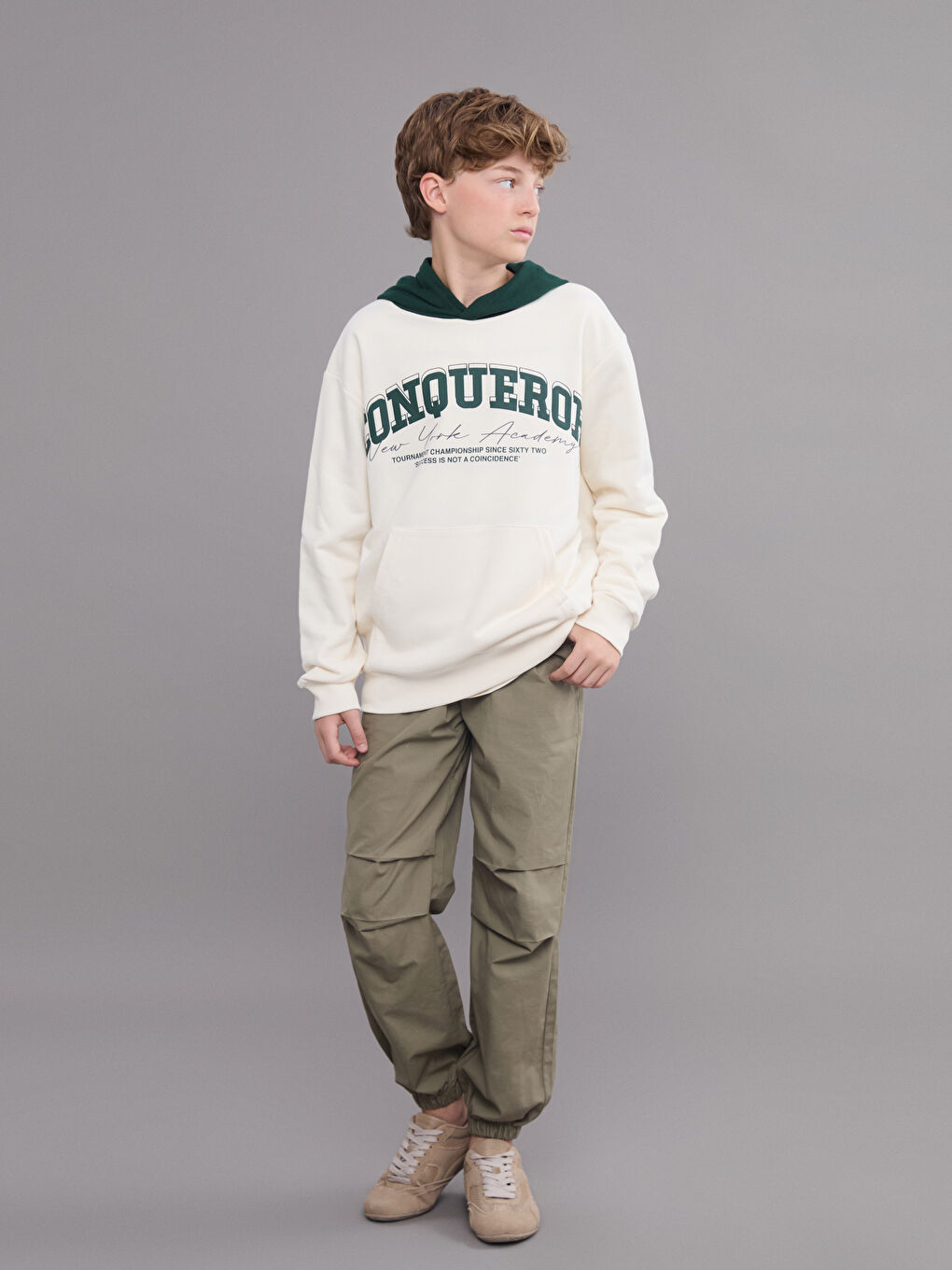 Ekru Kapüşonlu Erkek Çocuk Sweatshirt-1