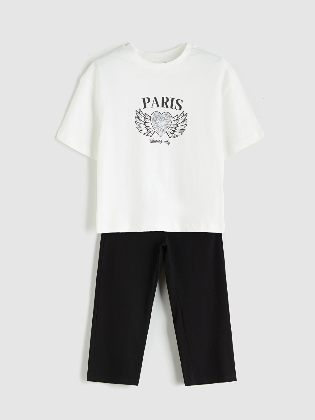 Crew Neck Paris Printed Girls' T-Shirt and Pants