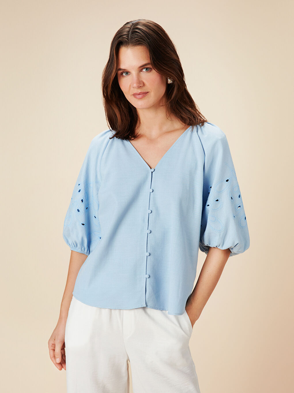 V-Neck Embroidered Balloon Sleeve Blouse -S5MA01Z8-JP6