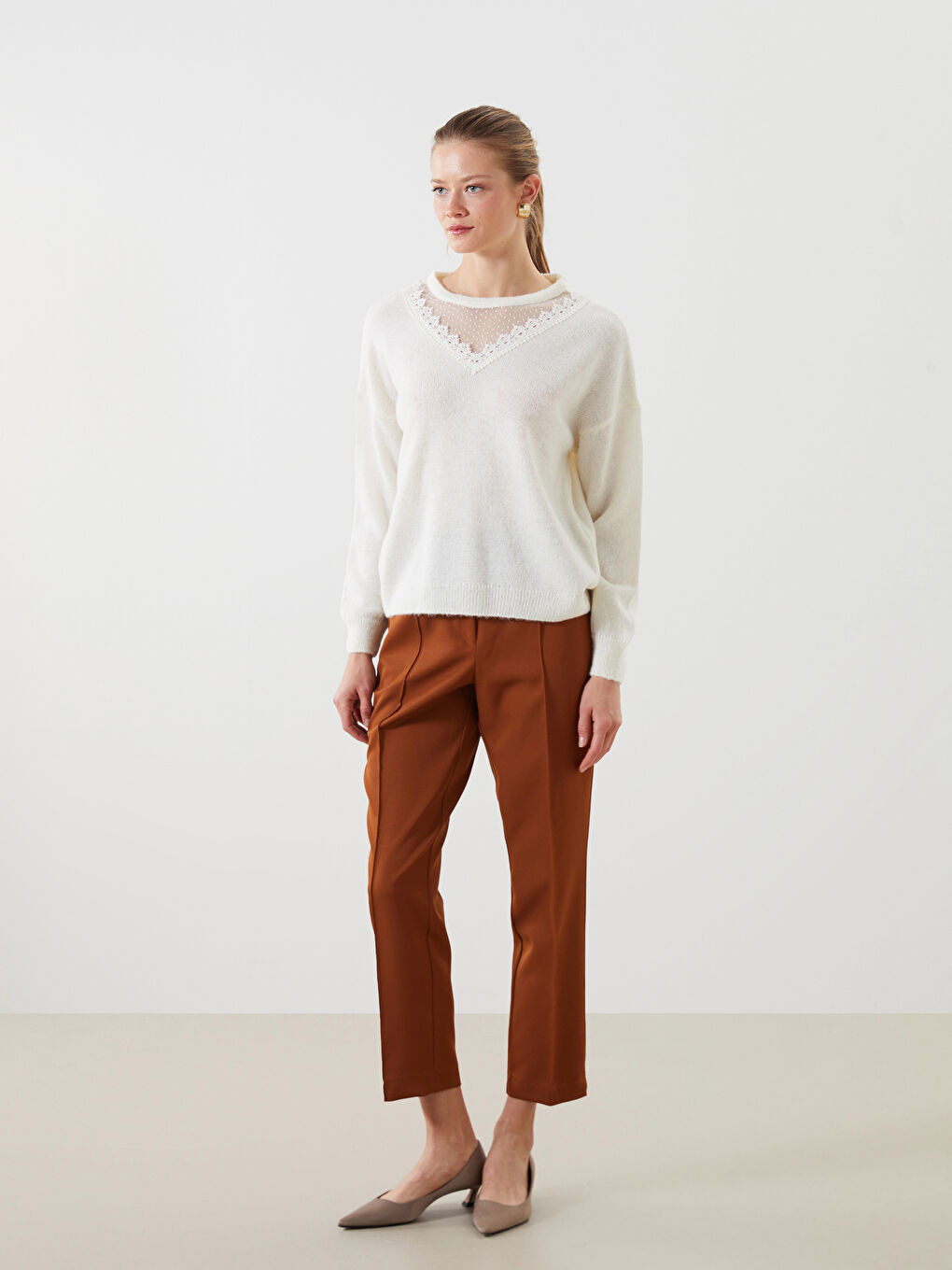 Crew Neck Lace Detail Oversized Women’S Knit Sweater -S5MA06Z8-R9J