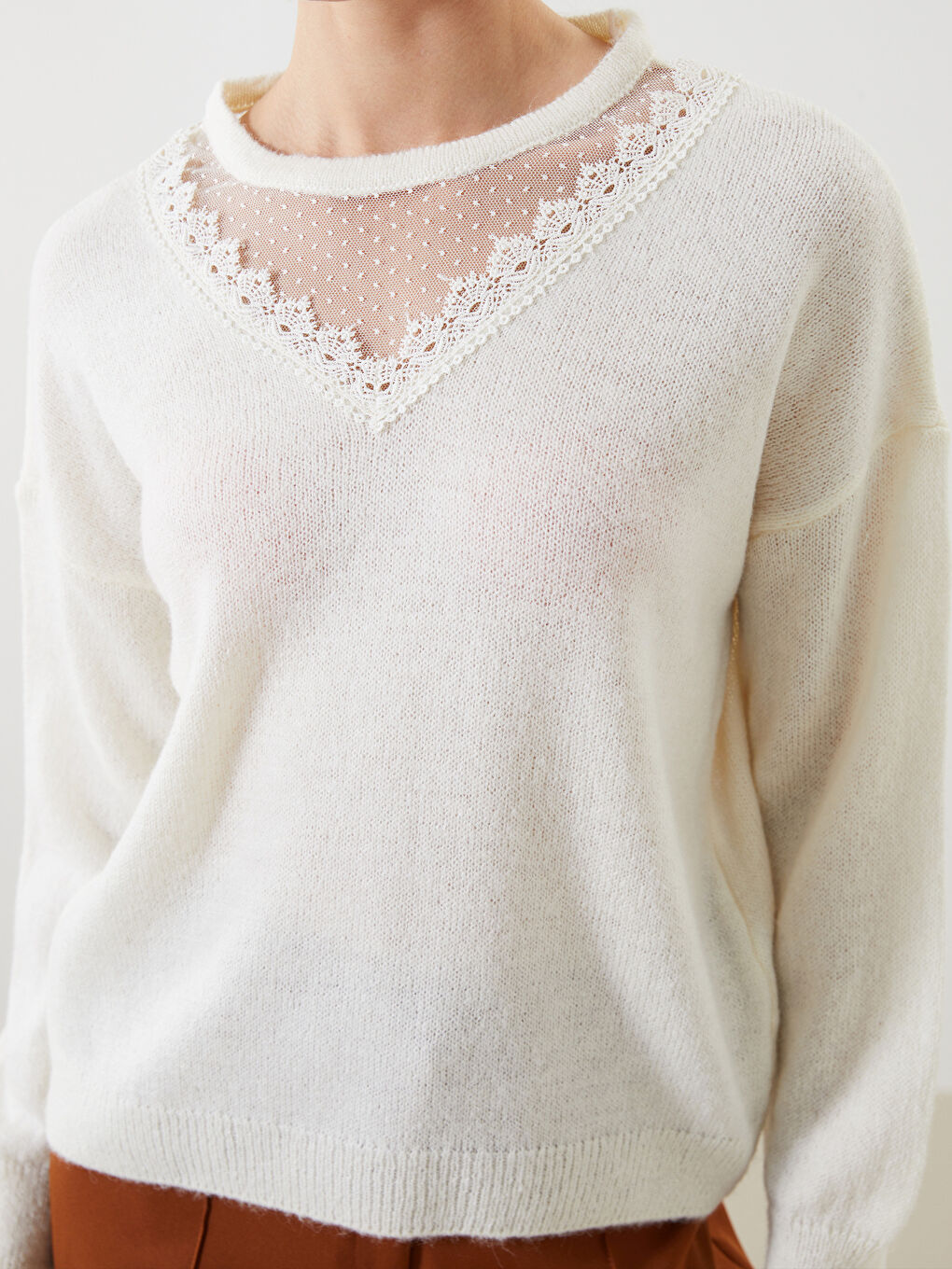 Crew Neck Lace Detail Oversized Women’S Knit Sweater -S5MA06Z8-R9J