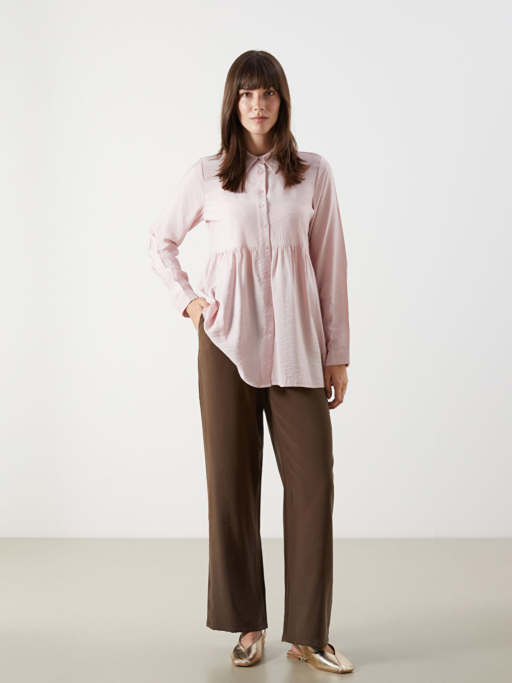 LCW Comfort Kahverengi Beli Lastikli Saten Kadın Pantolon