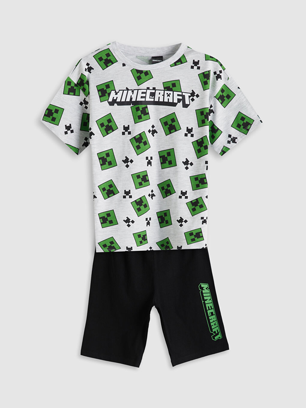LCW Kids Gri Bisiklet Yaka Minecraft Baskılı Erkek Çocuk Şortlu Pijama Takımı
