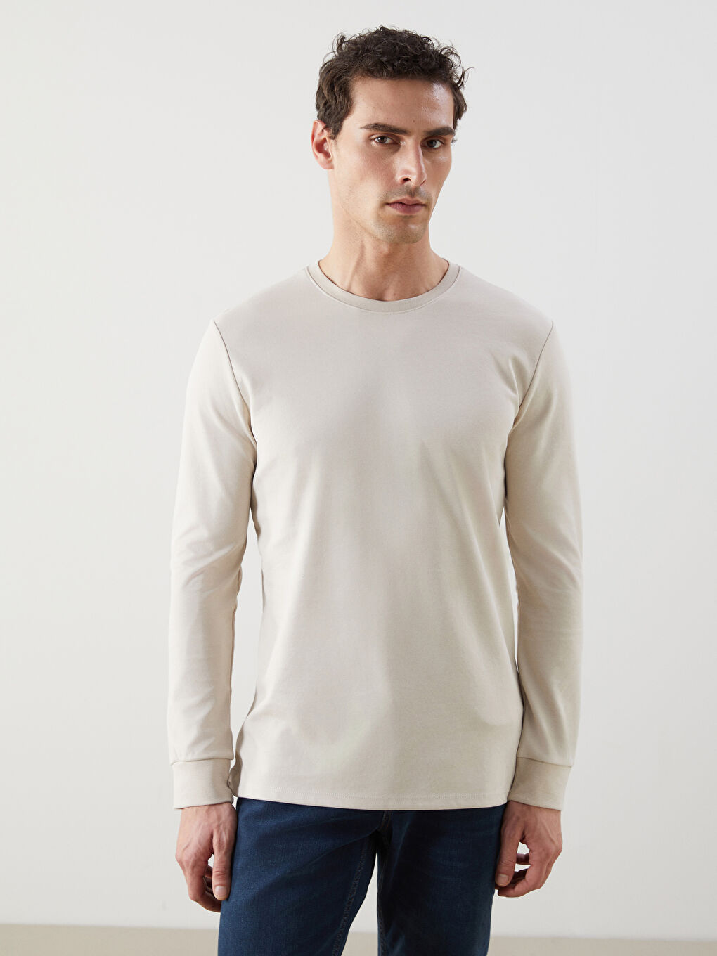 Bej Bisiklet Yaka Uzun Kollu Erkek Sweatshirt