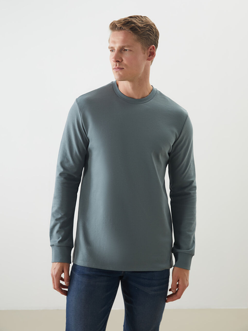 Yeşil Bisiklet Yaka Uzun Kollu Erkek Sweatshirt