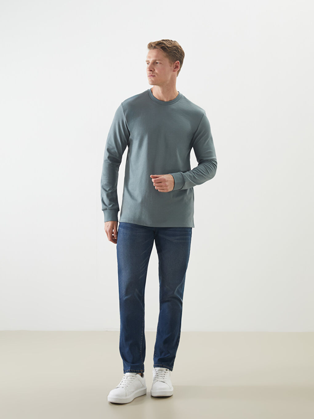 Yeşil Bisiklet Yaka Uzun Kollu Erkek Sweatshirt-1