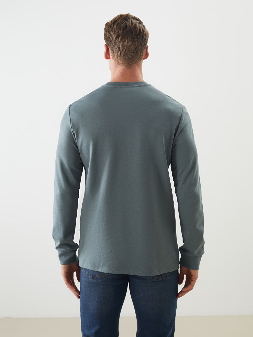 Yeşil Bisiklet Yaka Uzun Kollu Erkek Sweatshirt-3