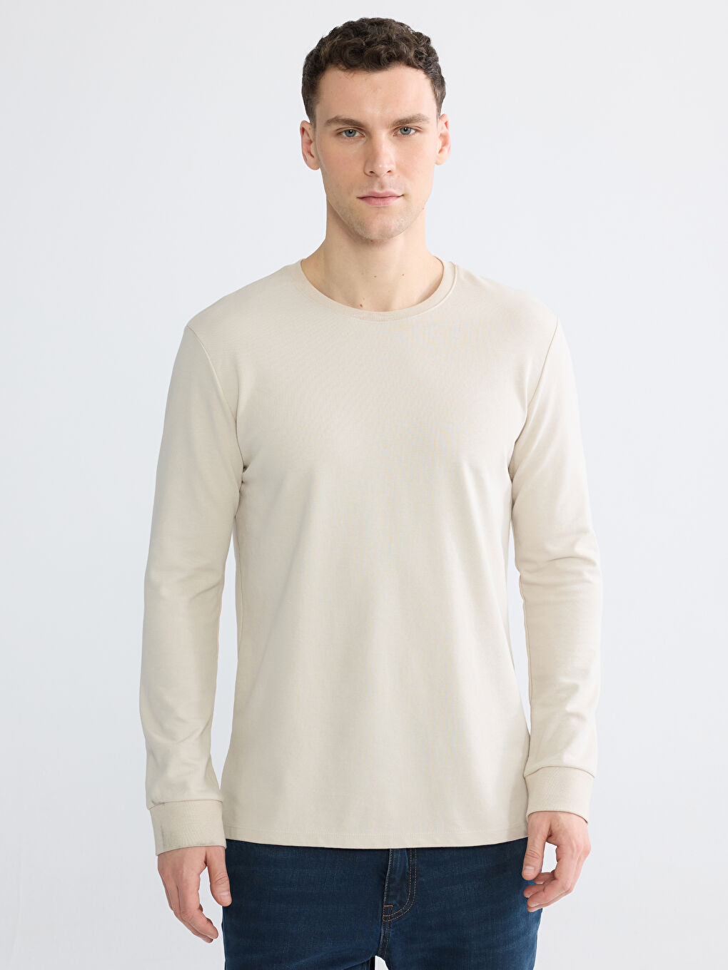 Bej Bisiklet Yaka Uzun Kollu Erkek Sweatshirt-1