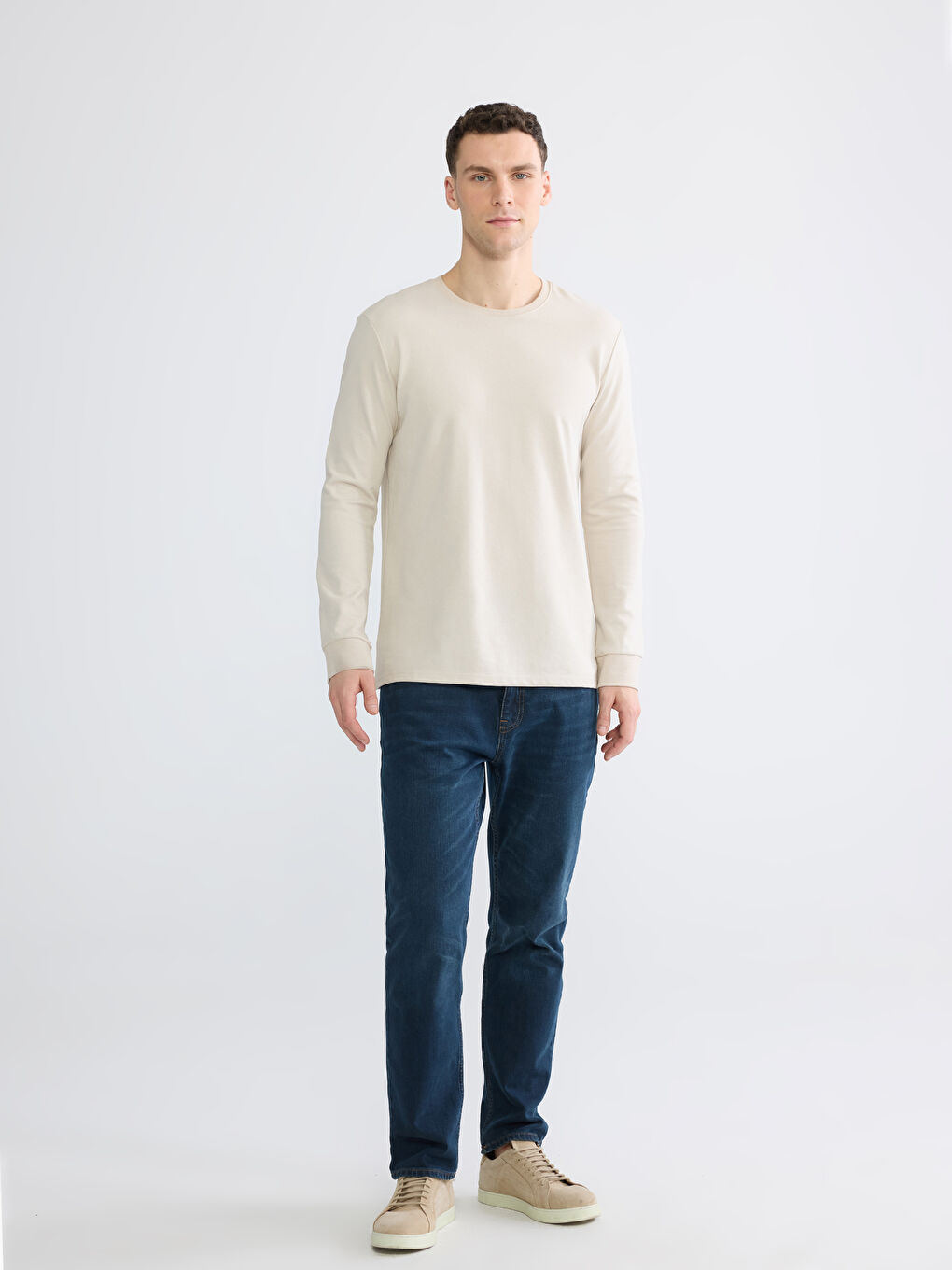 Bej Bisiklet Yaka Uzun Kollu Erkek Sweatshirt-2