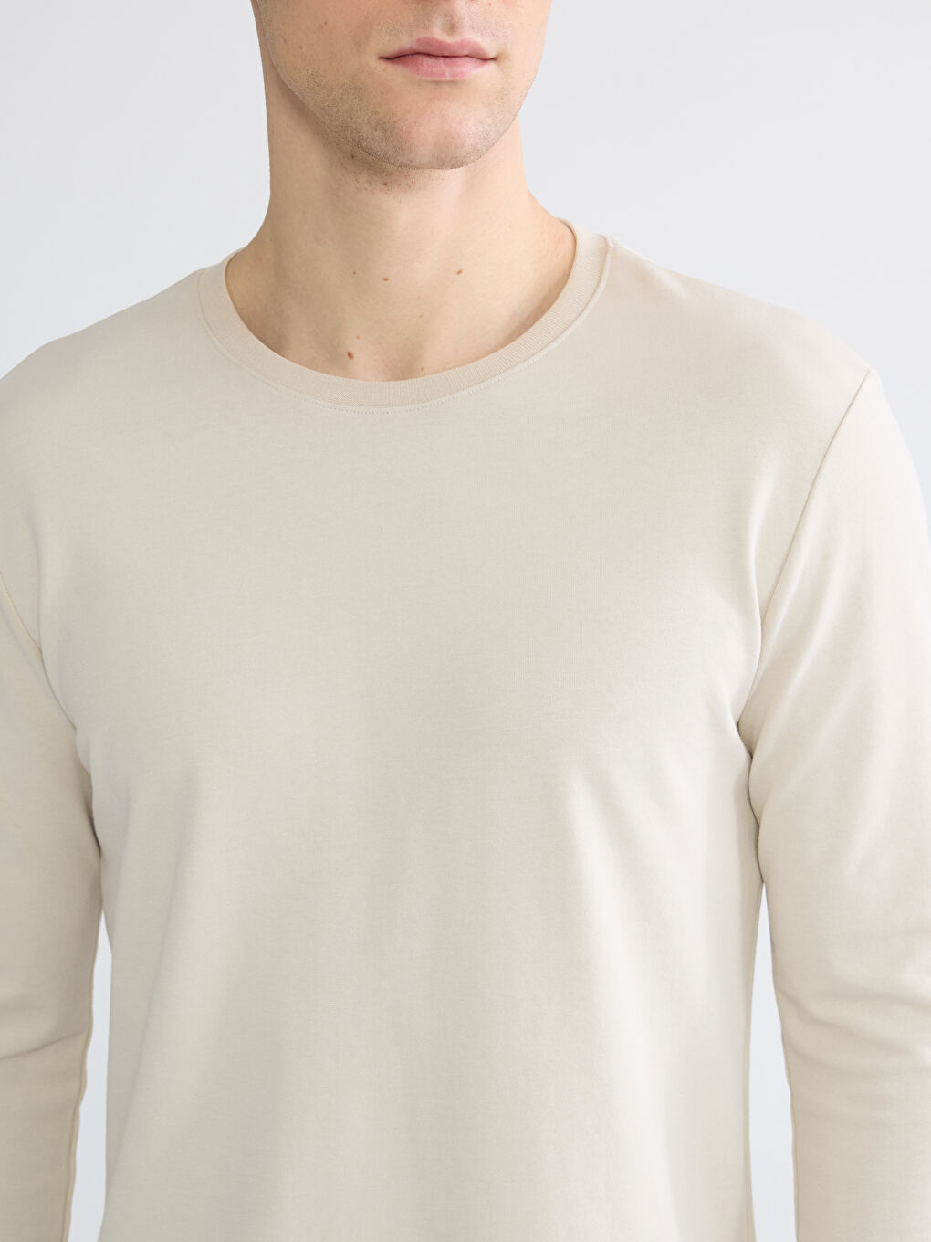 Bej Bisiklet Yaka Uzun Kollu Erkek Sweatshirt-4