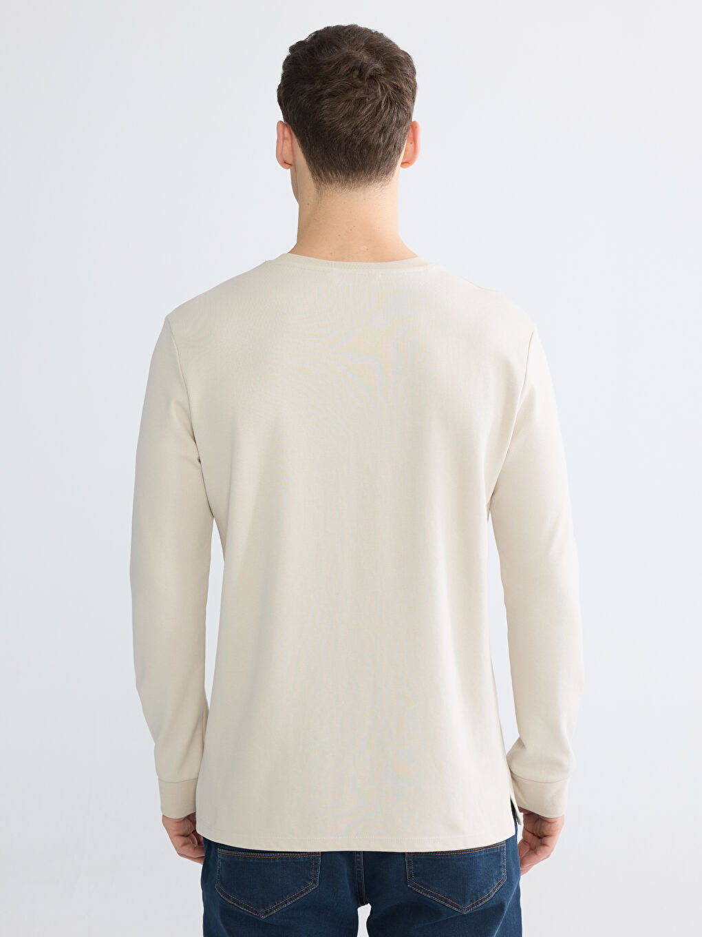 Bej Bisiklet Yaka Uzun Kollu Erkek Sweatshirt-6