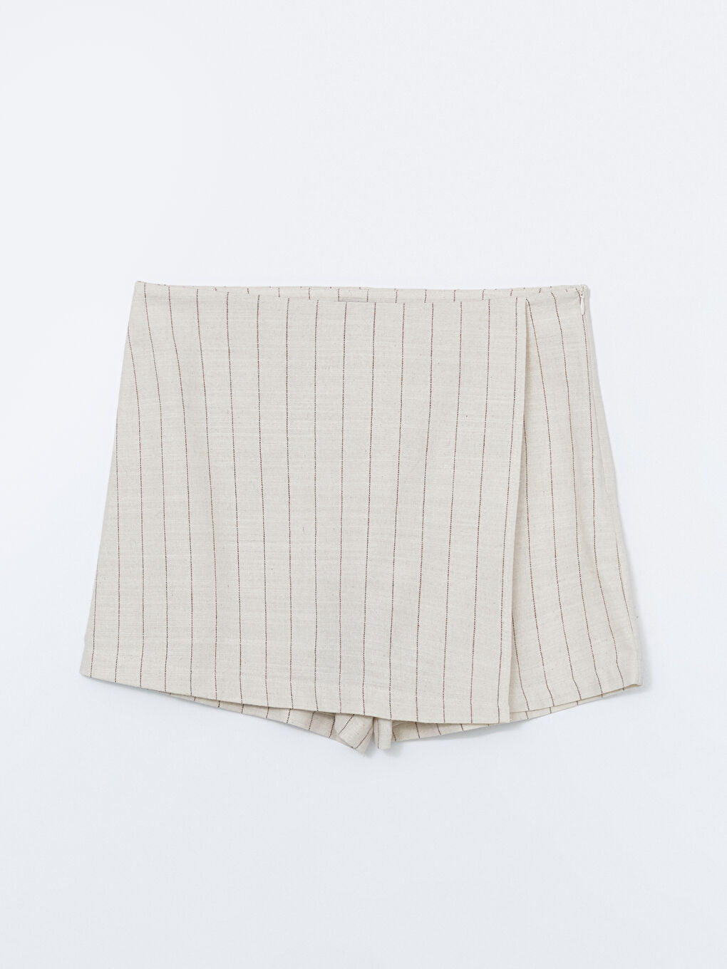 Kahverengi Beli Fermuarlı Çizgili Keten Karışımlı Kadın Şort Etek-4