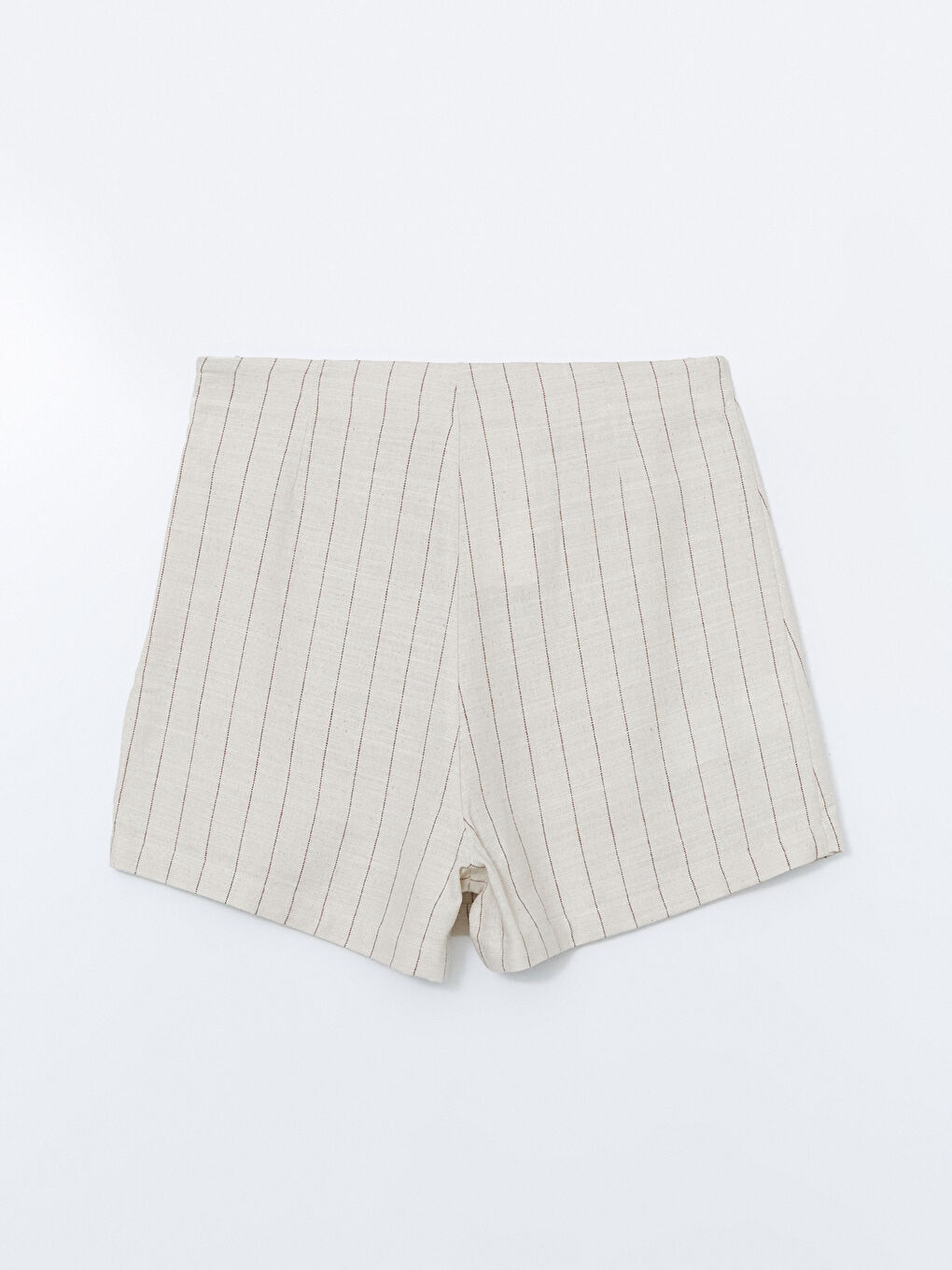 Kahverengi Beli Fermuarlı Çizgili Keten Karışımlı Kadın Şort Etek-5