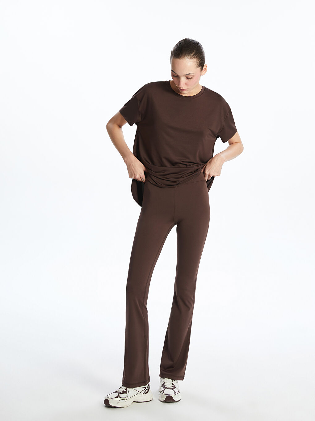 Kahverengi Beli Lastikli İspanyol Paça Kadın Spor Tayt