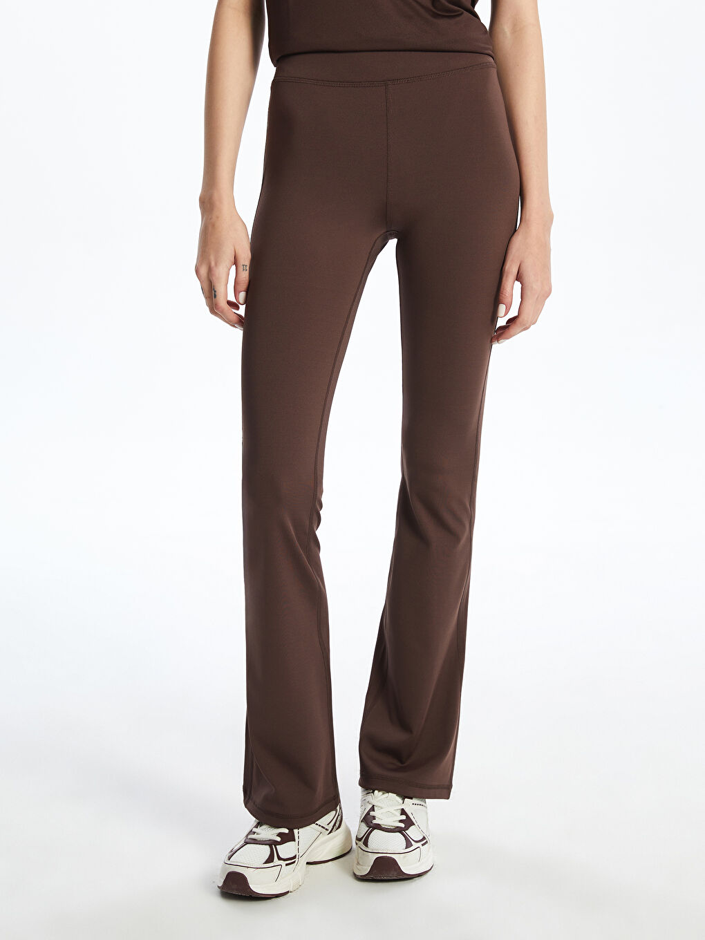 Kahverengi Beli Lastikli İspanyol Paça Kadın Spor Tayt-1