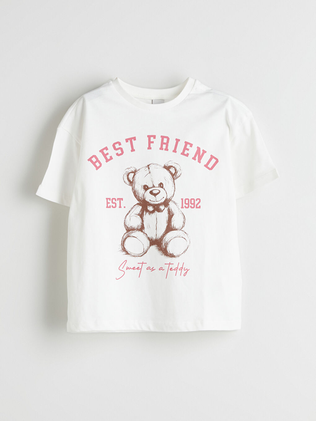 Crew Neck Teddy Bear Printed Girls' T-Shirt