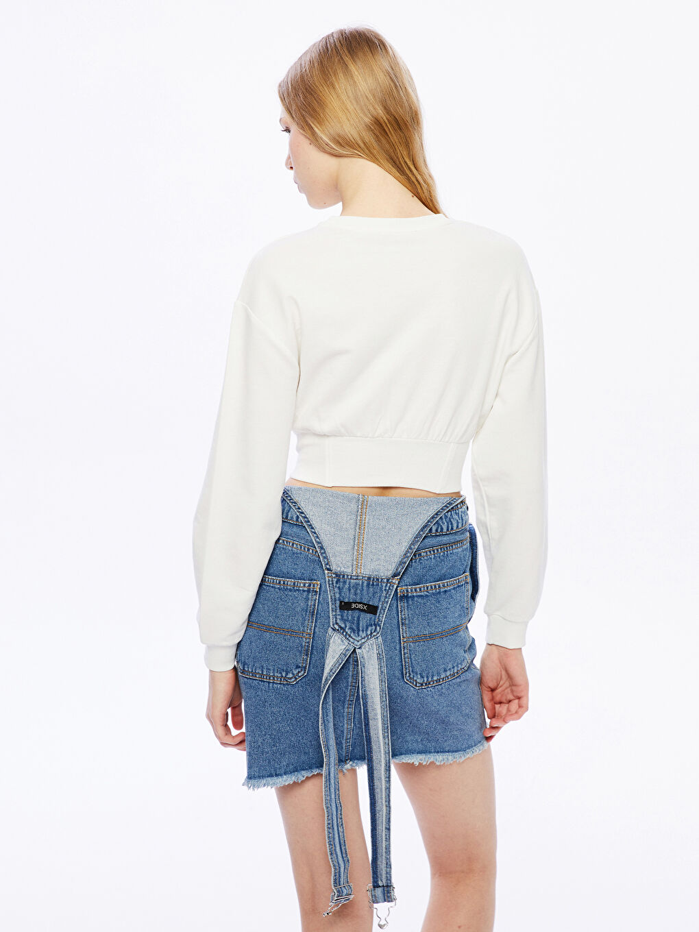 Ekru Bisiklet Yaka Crop Kadın Sweatshirt-3