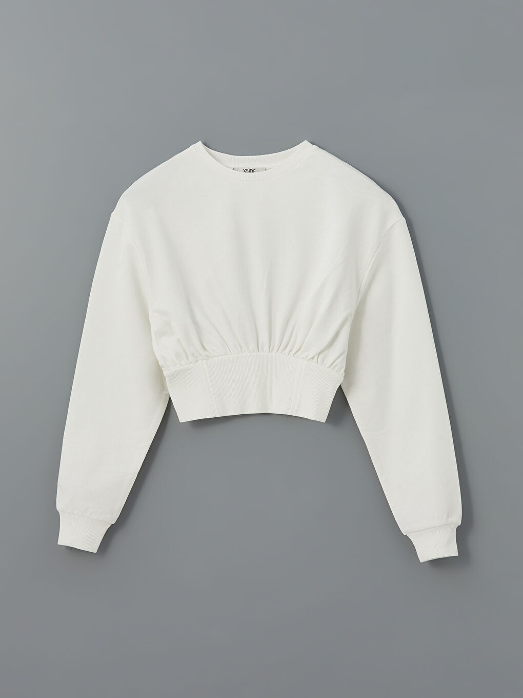 Ekru Bisiklet Yaka Crop Kadın Sweatshirt-4