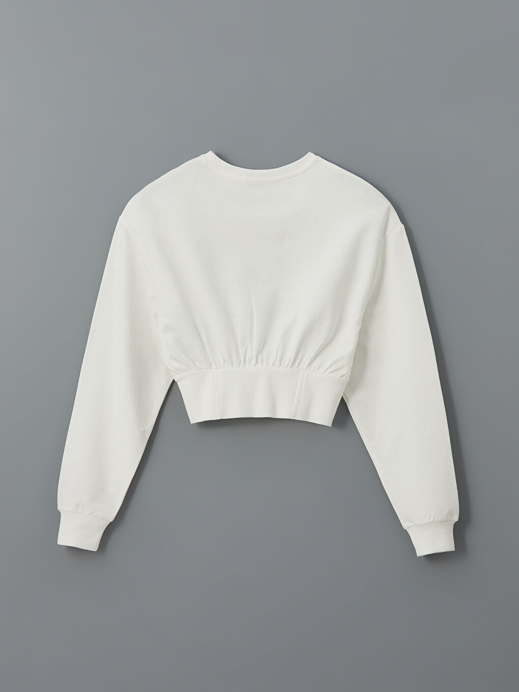 Ekru Bisiklet Yaka Crop Kadın Sweatshirt-5