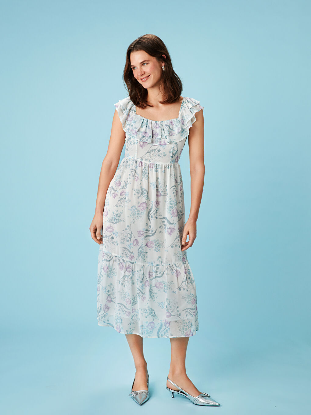 U Neck Floral Chiffon Dress -S5MB98Z8-LRA