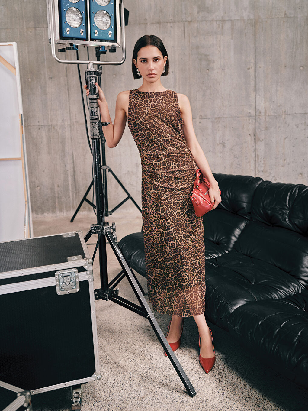 Crew Neck Leopard Patterned Women's Dress -S5MB99Z8-LQY