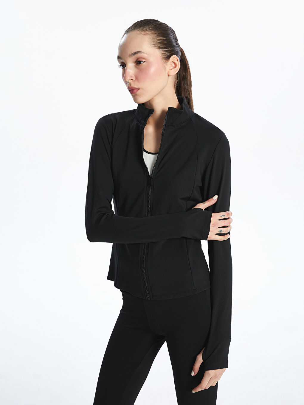 Siyah Dik Yaka Kadın Fermuarlı Sweatshirt