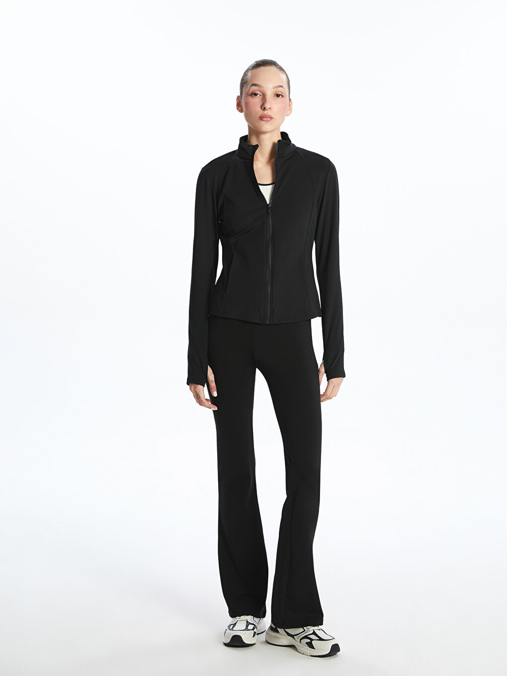 Siyah Dik Yaka Kadın Fermuarlı Sweatshirt-1