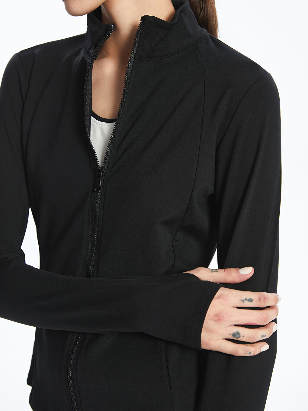 Siyah Dik Yaka Kadın Fermuarlı Sweatshirt-2